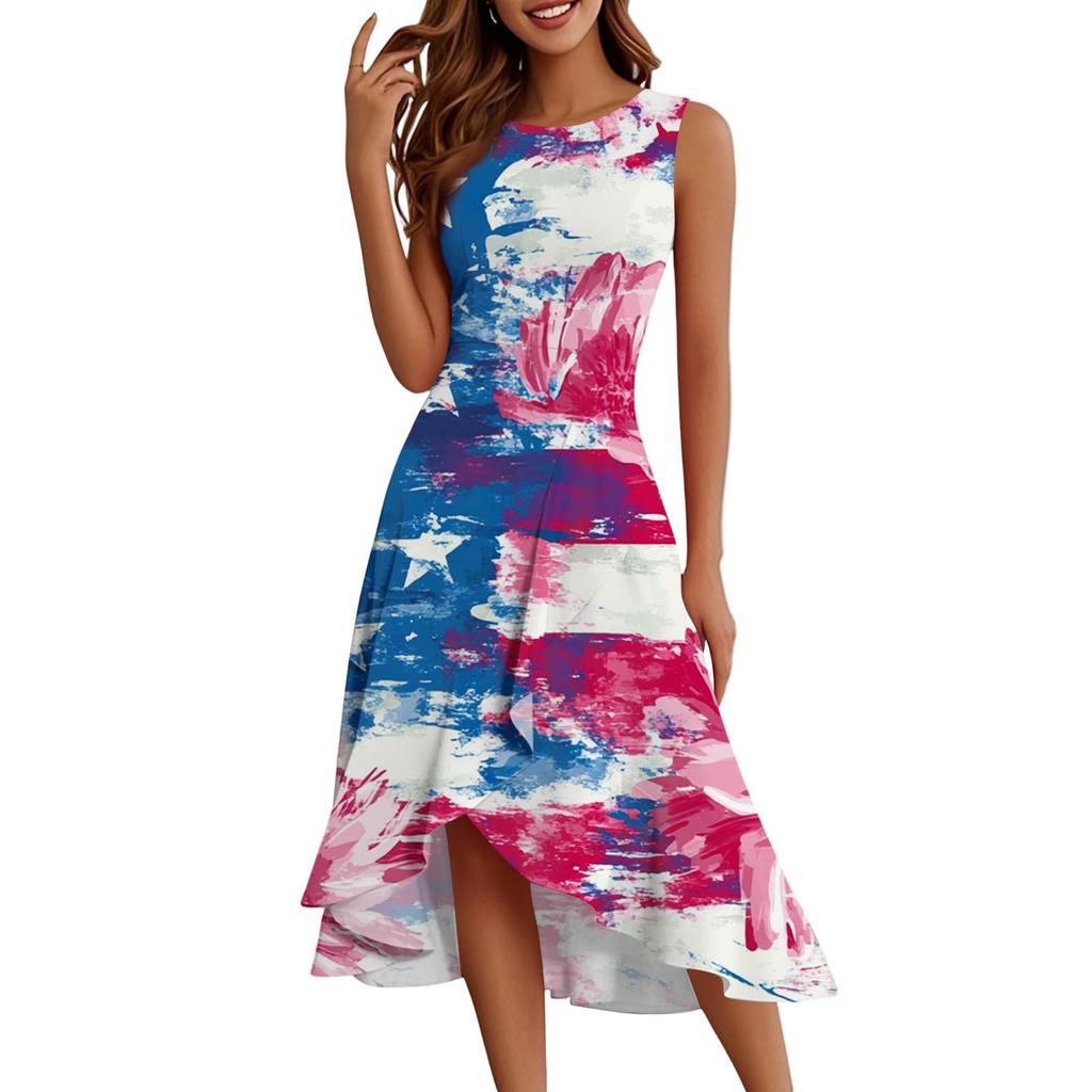 Dámská móda Ležérní Zip Bez rukávů Kulatý výstřih Den nezávislosti Potisk Elegantní Temperament Volány Šaty Šaty