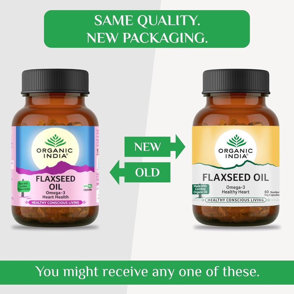 Organic India Flaxseed Oil 500mg 60 Veg Capsules Pack of 2 – Heart Brain Skin Hair Nail Support