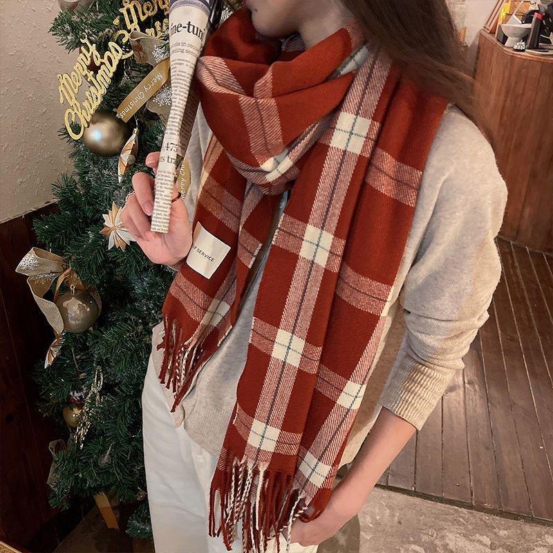 Red Plaid Imitation Cashmere Scarf Women's Fashion Autumn and Winter Warm Scarf Fringed Scarf Lightweight Autumn/Winter Blanket Wrap for Casual Outing