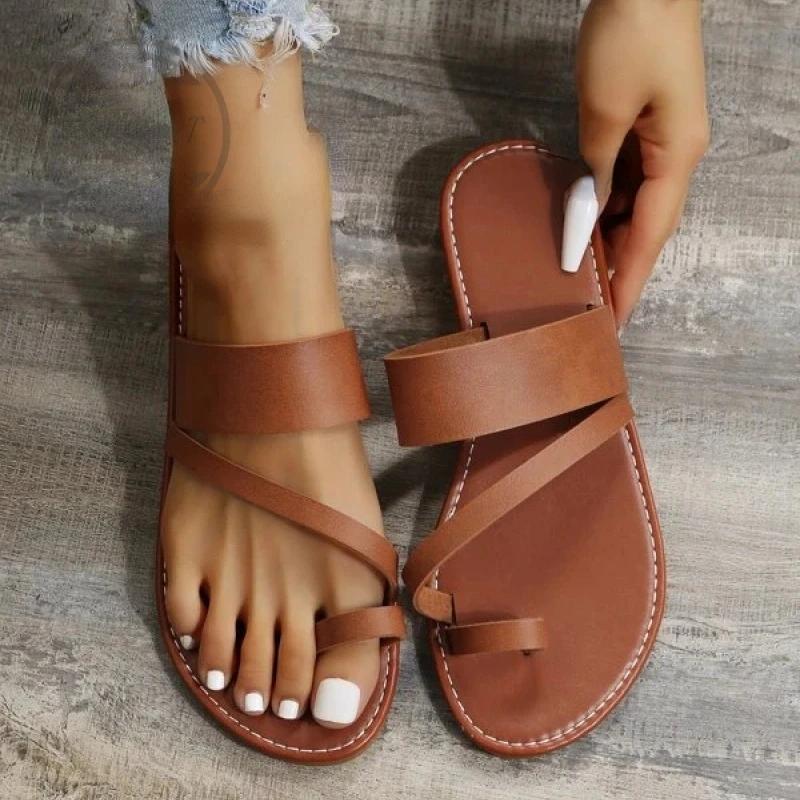 Summer Solid Color Flat Sandals Fashion Open Toe Outdoor Slippers Casual Beach Women's Shoes Plus Size