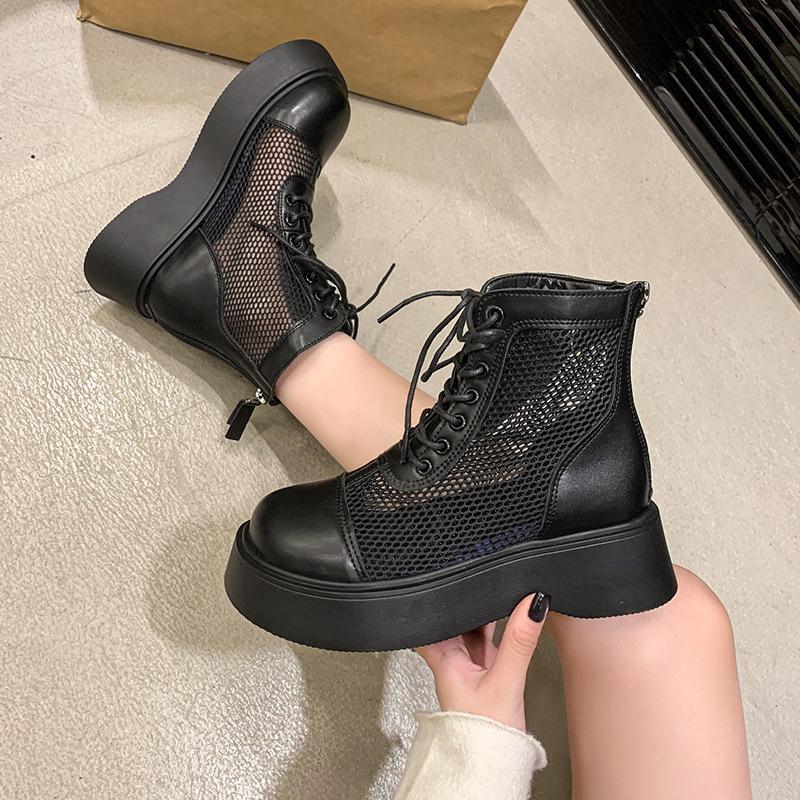Mesh 2025 women's net boots hollow and thin new soft leather muffin breathable short boots season thin Martin boots summer thick sole