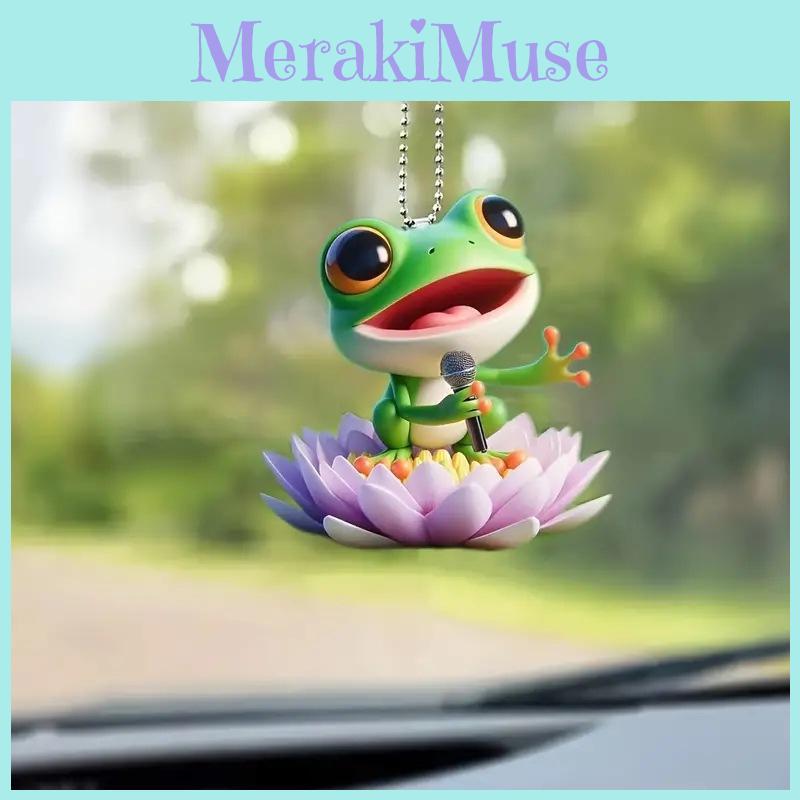 Cute Cartoon Acrylic Frog Flower Holding Car Hanging Ornament Perfect For Auto Decor