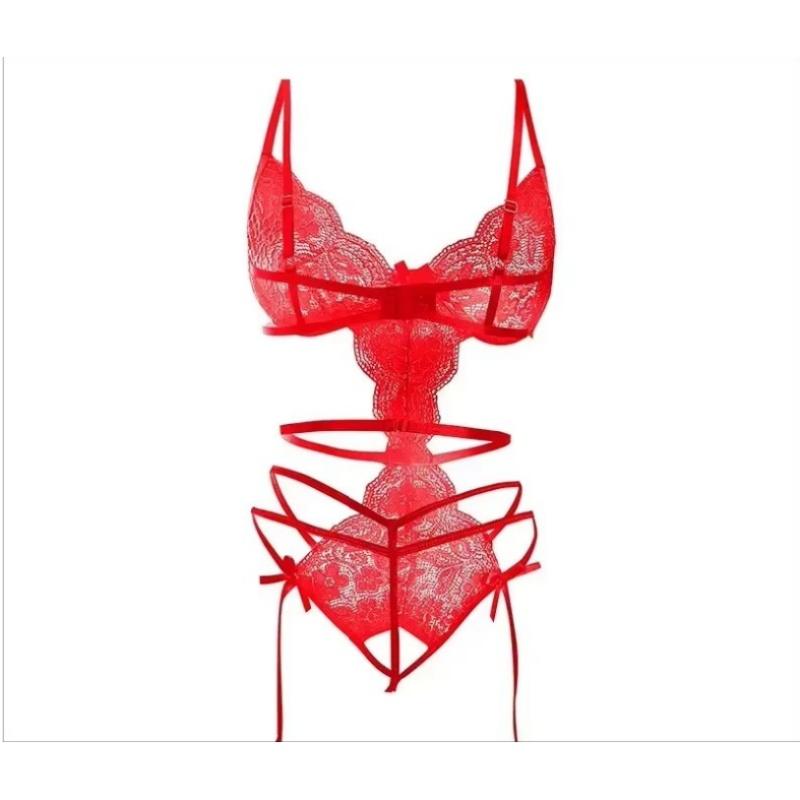Lingerie Sexy Costume Female Crotchless Bodysuits Underwear Women Lace Sling Patchwork String Sheer Bra Set