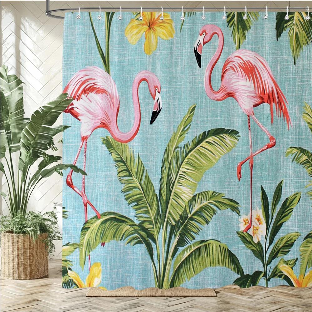 Severská rostlina plameňák styl látková sprchová závěs koupelnový závěs, květiny a ptáci styl domácí dekorace závěs s háčky