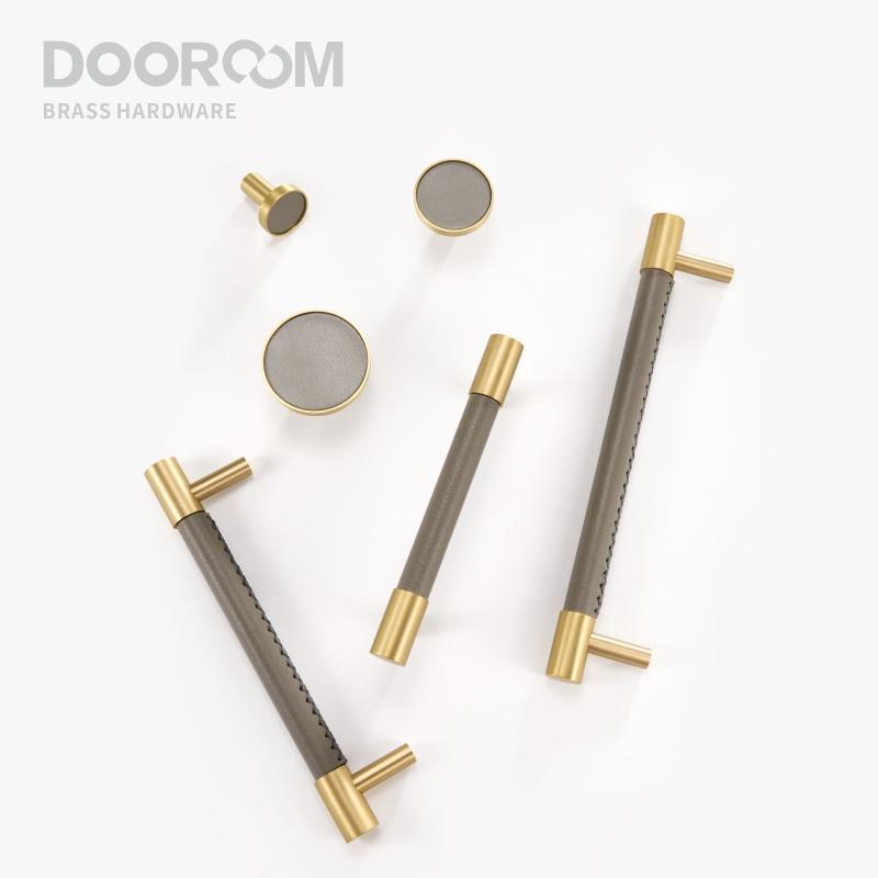 Dooroom Brass Real Leather Furniture Handles Light Luxury Grey Wardrobe Dresser Cupboard Cabinet Drawer Pulls Easy Maintenance