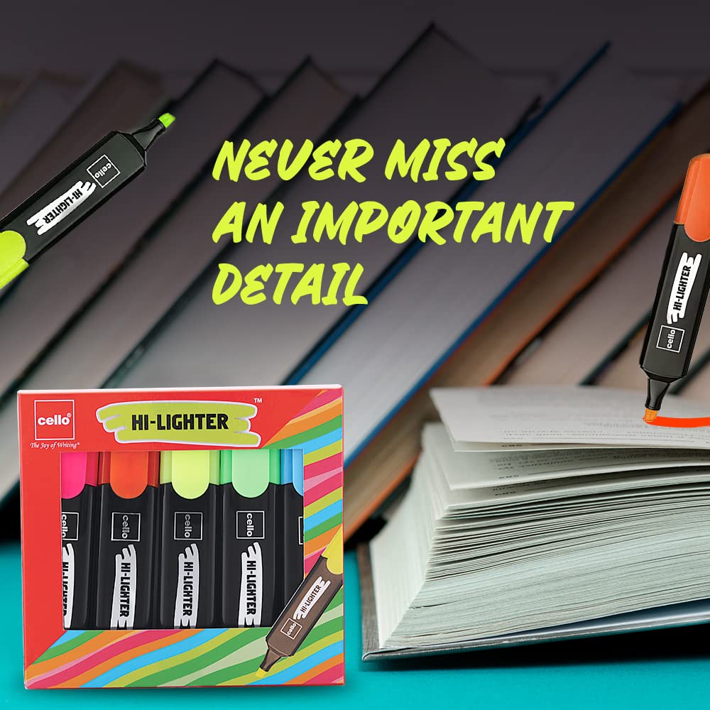 CELLO Highlighter Pack Of 1 X 5 Multicolor Chisel Tip Fluorescent Ink Markers For Office School Study Notes And Documents