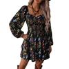 Retro Black Background Floral Square Neck Dress Long Sleeve High Waist Ruffle Edge Thin Small Print Short Skirt