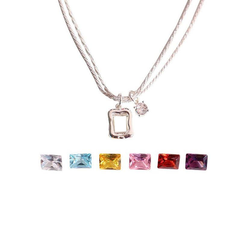 Silver Shiny Clavicle Chain Double-layer Necklace Square Pendant Replaceable for Six Colors Pendant Female Lover Gift