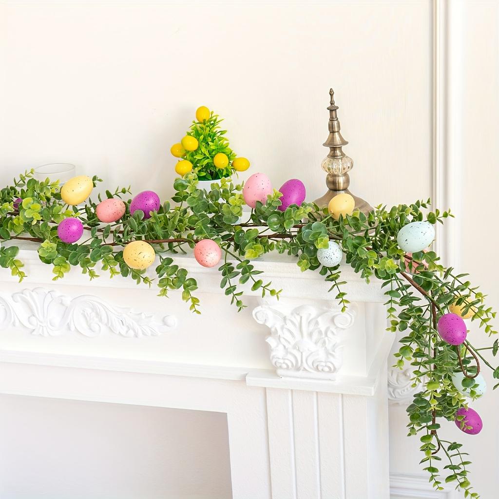 1pc 66.9 Inch Handmade Easter Garland, Indoor/Outdoor Decor with Mini Eggs and Eucalyptus Leaves for Easter Celebration