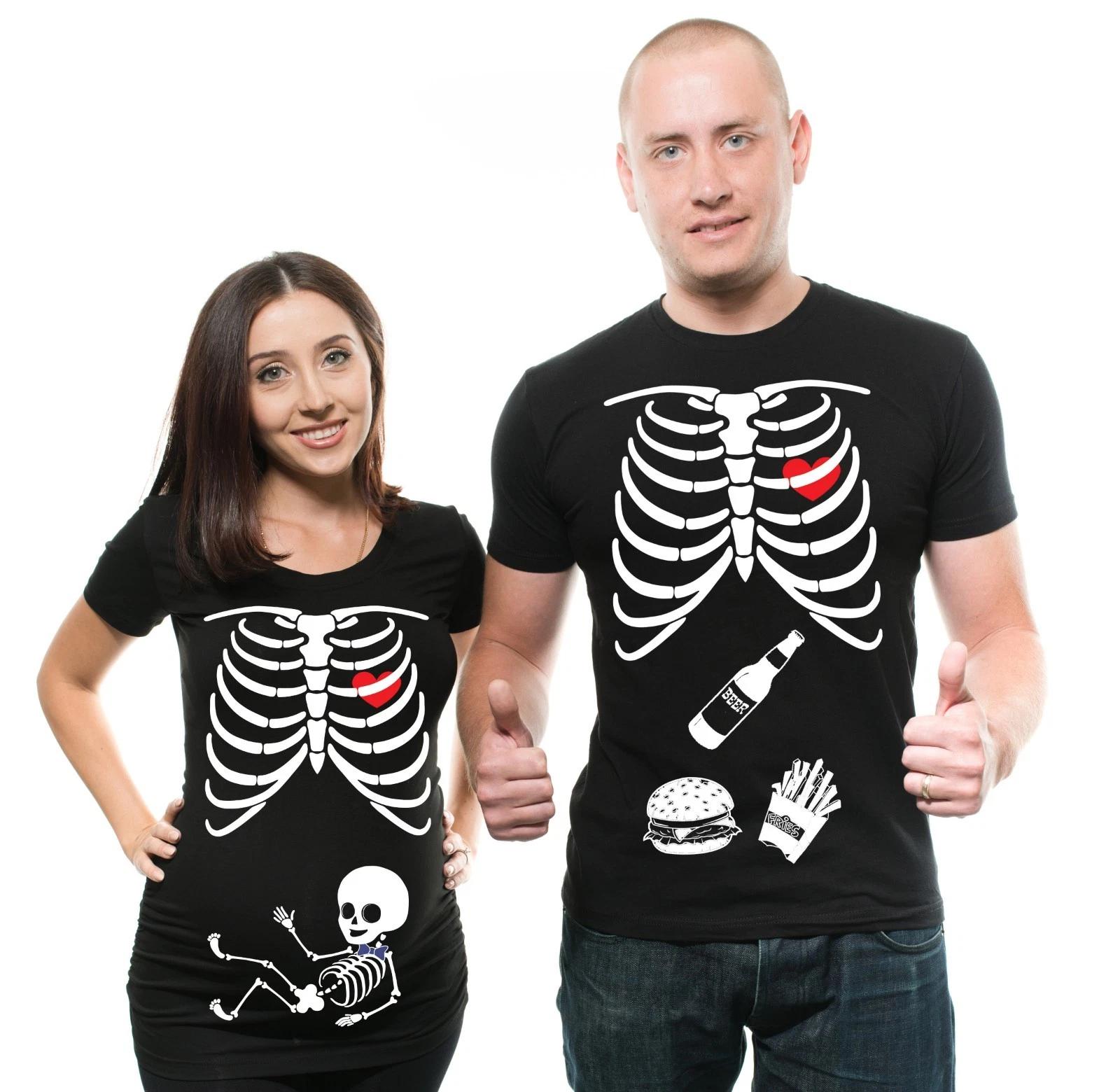 

Halloween Couple Skeleton Shirts Baby BOY Bow tie shirt Xray Pregnancy Tee shirt L