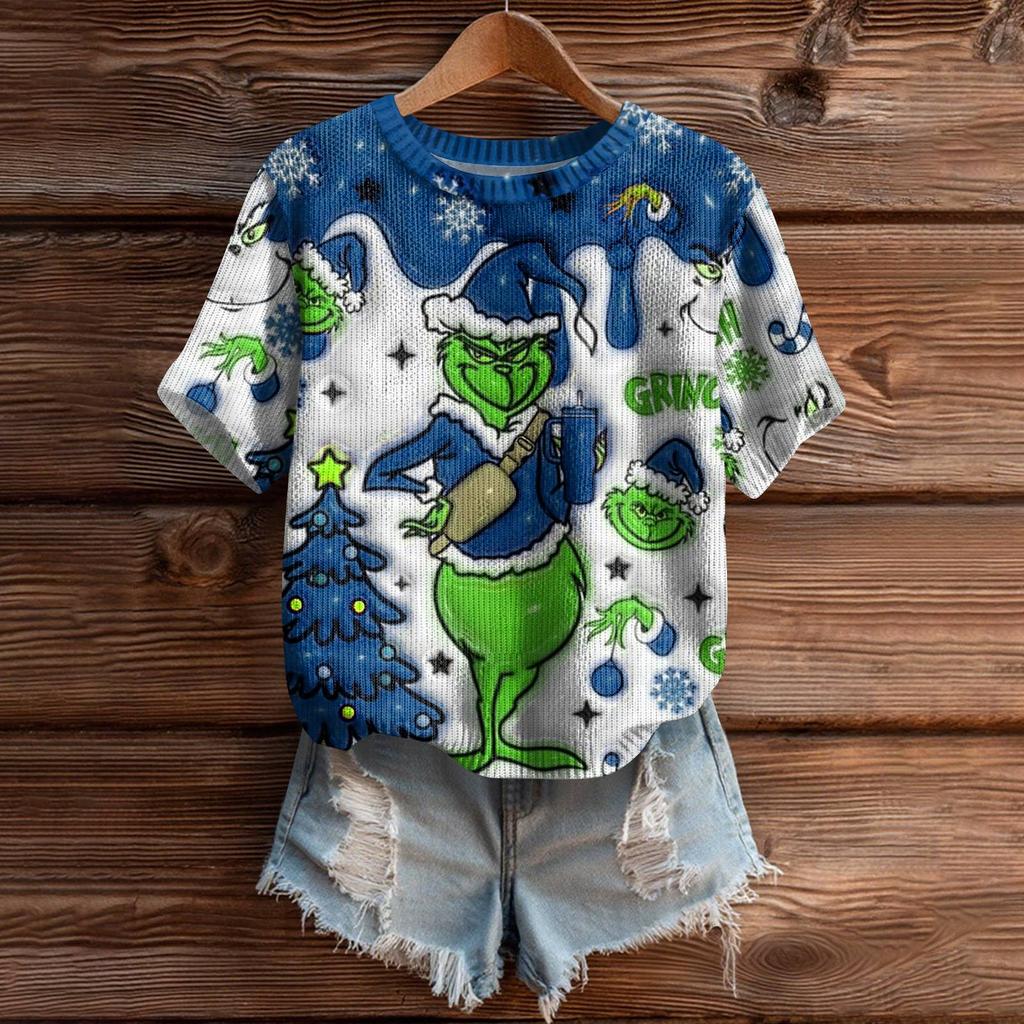 Women's Cute Sweater Knitted Fashion Casual Round-neck Short-sleeved  Cozy Print Top