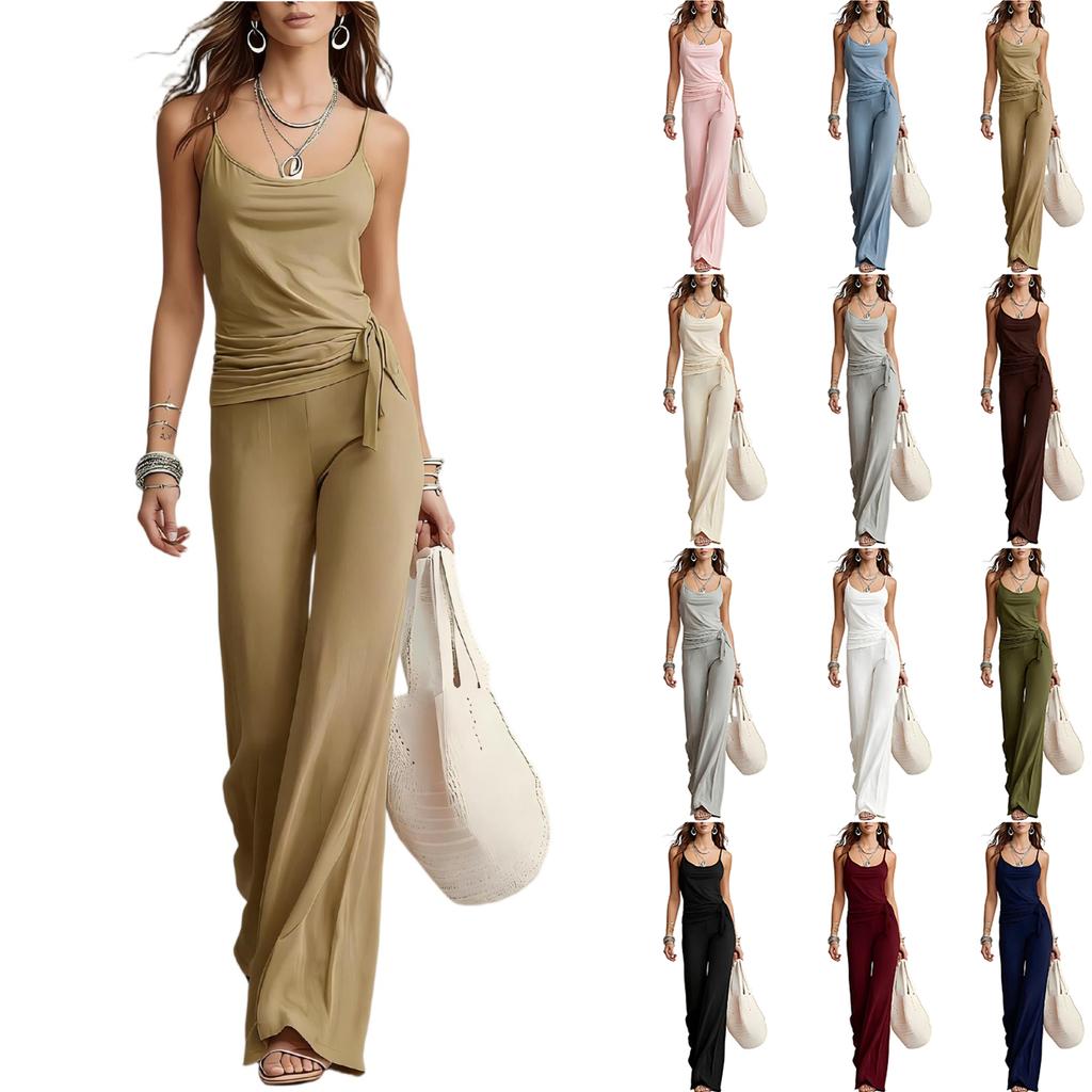 Women Casual Two Piece Set Sleeveless Tank Top with High Waist Wide Leg Pants Lounge Wear Summer Outfit