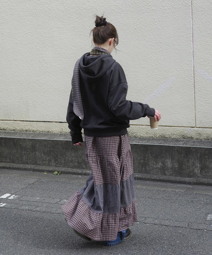 Natsu Check Long Tiered Skirt, Brown