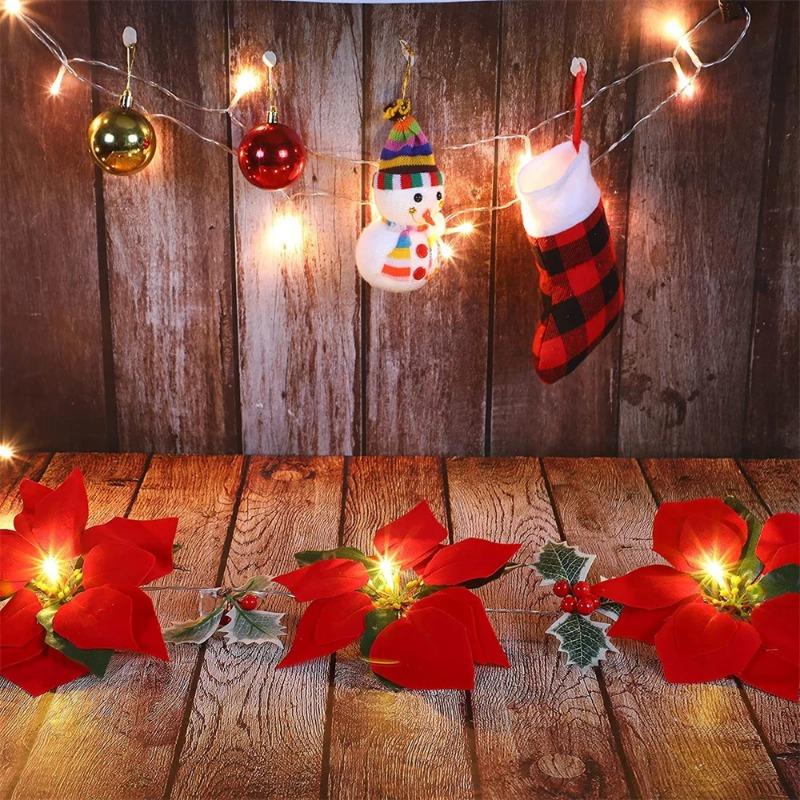 2M 10LED/3.5M 10LED Christmas Poinsettia Garland Poinsettia Velvet Artificial Poinsettia Garland String Lights for Christmas Tree Decor