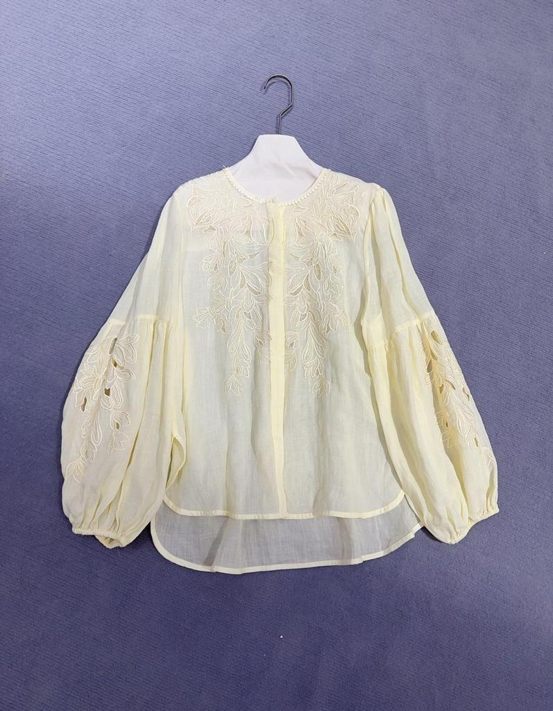Spring 2026 French Embroidery Linen Shirt with Lantern Sleeves - Casual Vacation Style