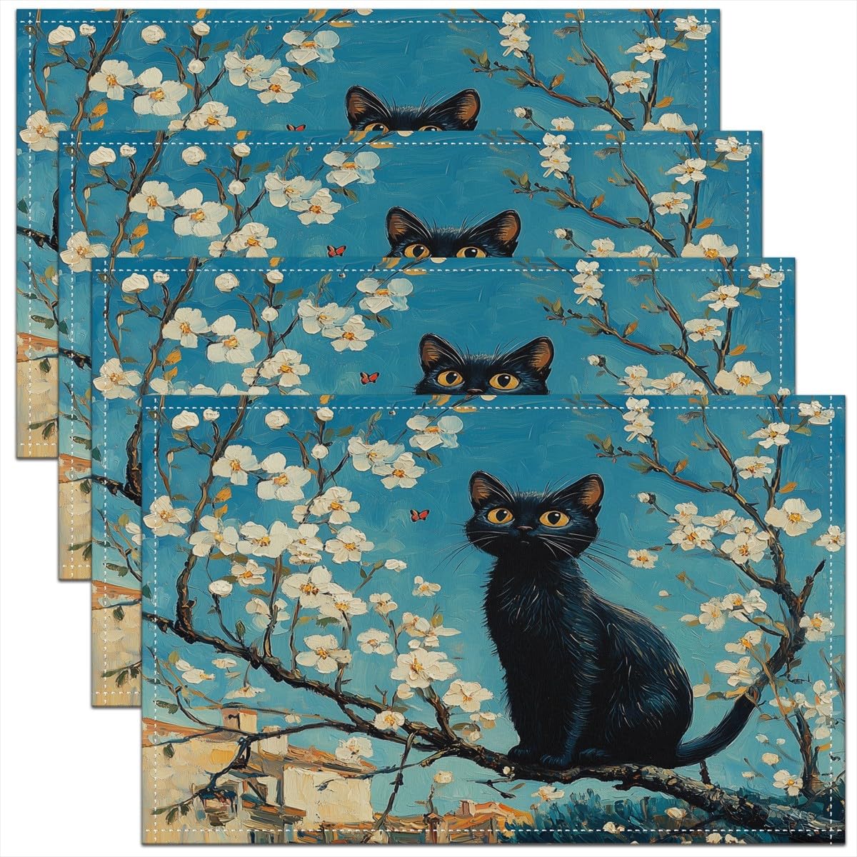 

Cute Black Cat Placemats Set of 4,White Floral Tree Table Place Mats,Kids Boys Girls,Oil Painting Styles Placemat 4pcs-12x18