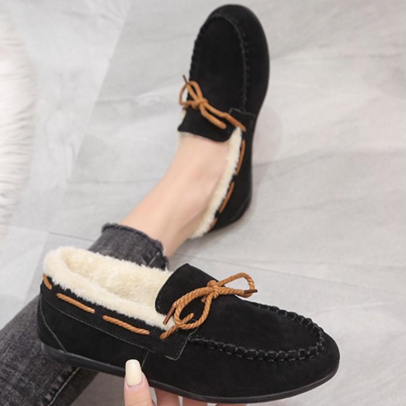 2025 Winter Women's New Bean Shoes Fashionable, Comfortable, Warm, Plush Bow Women's Cotton Shoes Casual Non slip Flat Shoes