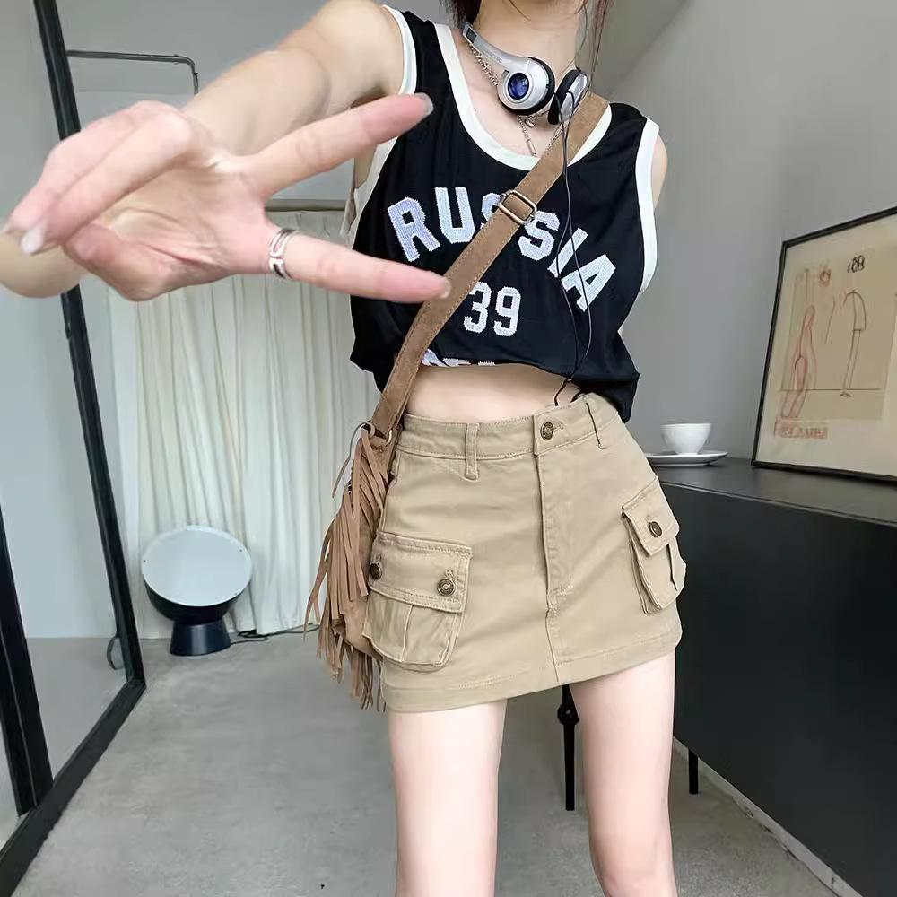 

2024 Summer Khaki Denim A-Line High Waist Anti-Exposure Skirt - Slimming American Style Short Dress L хаки