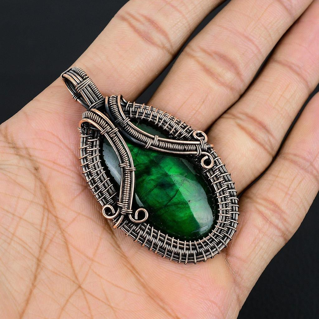 Grüner Blitz Labradorit Anhänger Edelstein Schmuck, 999 Kupferdraht gewickelter Anhänger, Handgefertigter Schmuck Geburtsstein Anhänger, Geschenk für Ihn