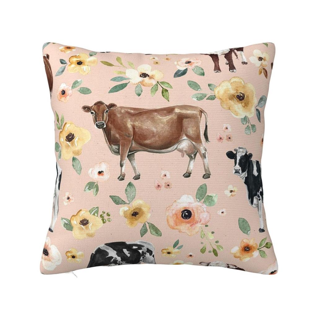 Cow Floral On Blush Pink Yellow Flowers Square Pillowcase Pillow Cover Cushion Decor Comfort Throw Pillow for Home Bedroom
