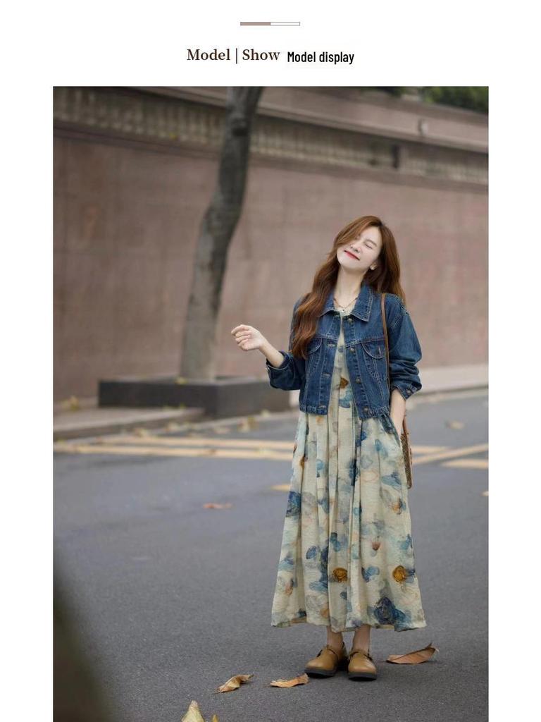 Spring 2025 Ink Print Dress & Denim Jacket Set - Age-Defying Fashion