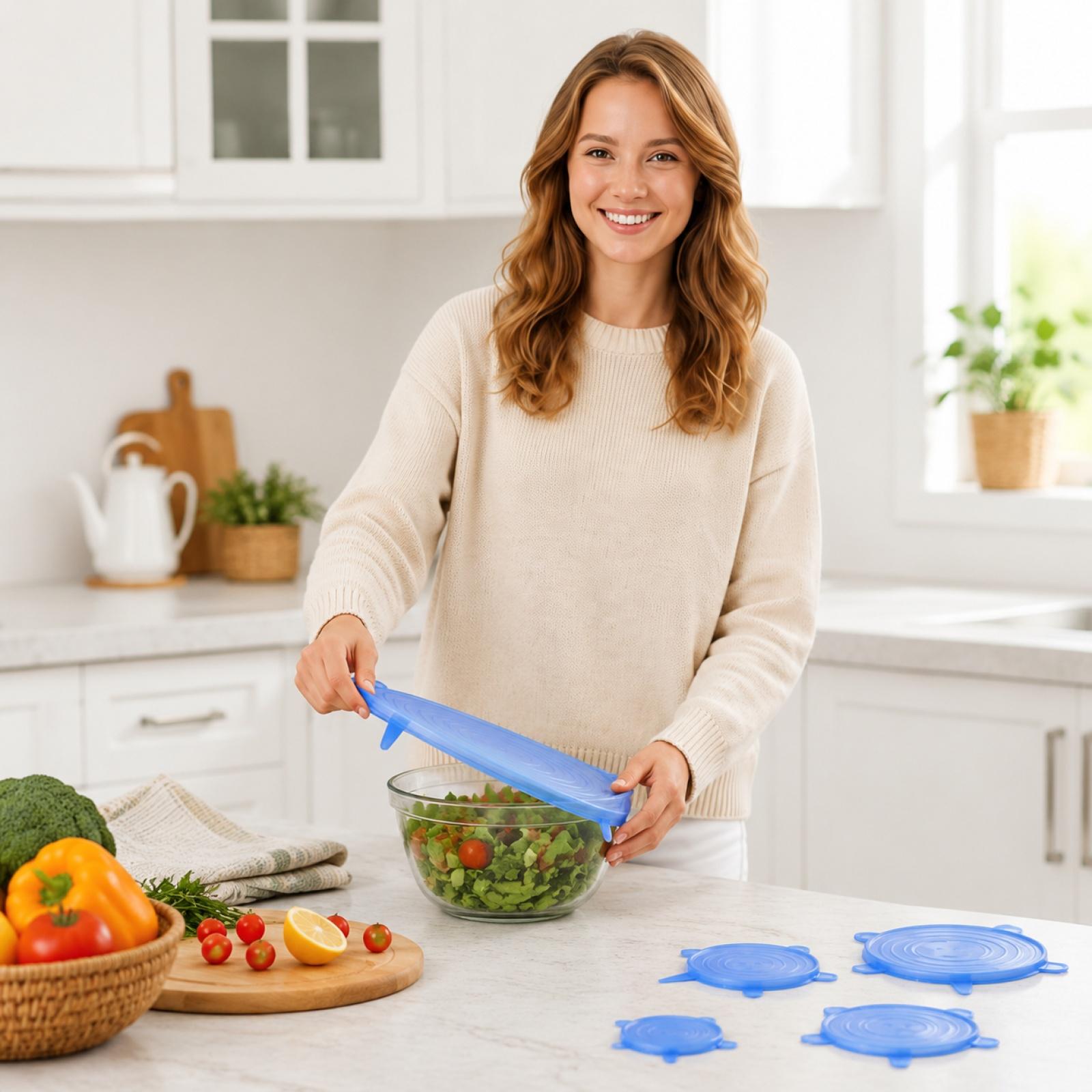 

6 Piece Silicone Stretch Lids Set Flexible Reusable Food Covers for Bowls Containers Fruits Vegetables Preservation One Size синий