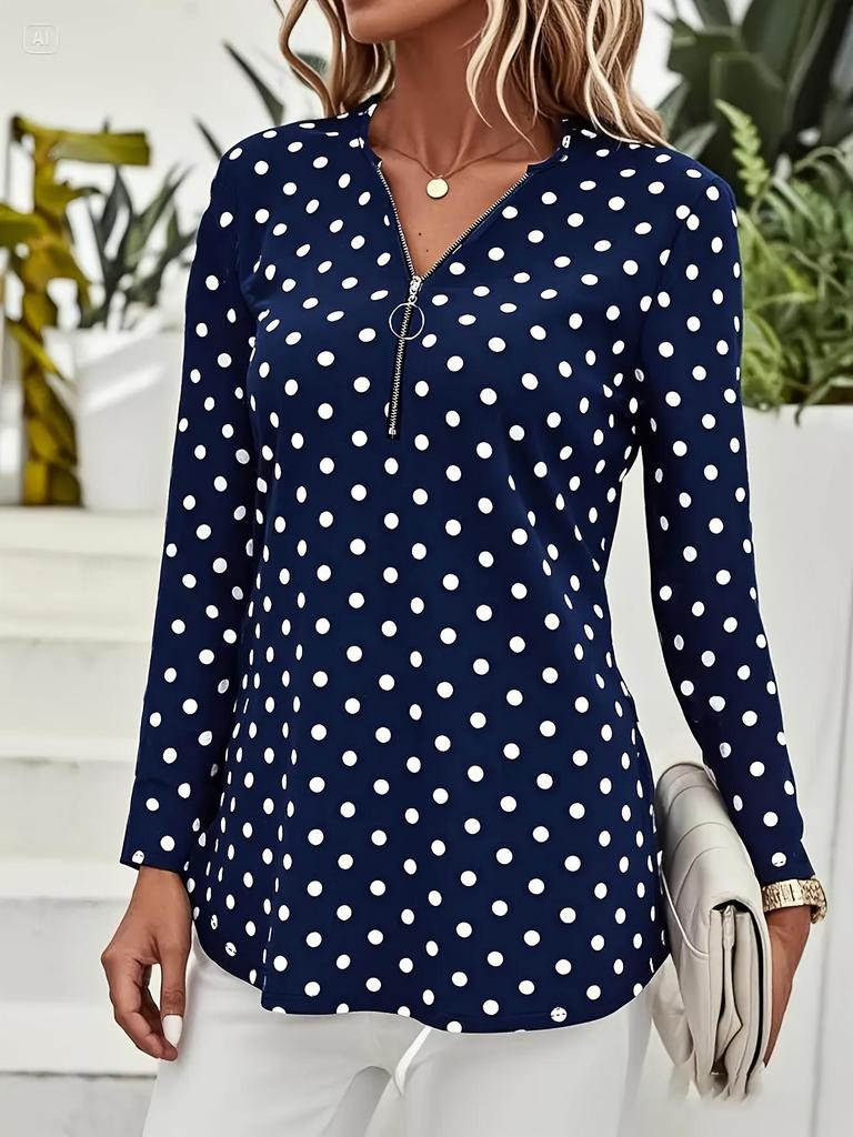 2025 Plus Size Women's Polka Dot Long Sleeve V-Neck Zipper Pullover Top