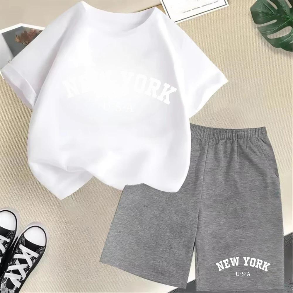 2026 New Kids Boys Girls New York Letter Pattern Polyester T-shirt+Shorts 2-Piece Set Casual Daily