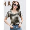 Women's V-neck T-shirt Solid Color Loose Short-sleeved Striped Casual Style XS Size for Summer Leisure Tops