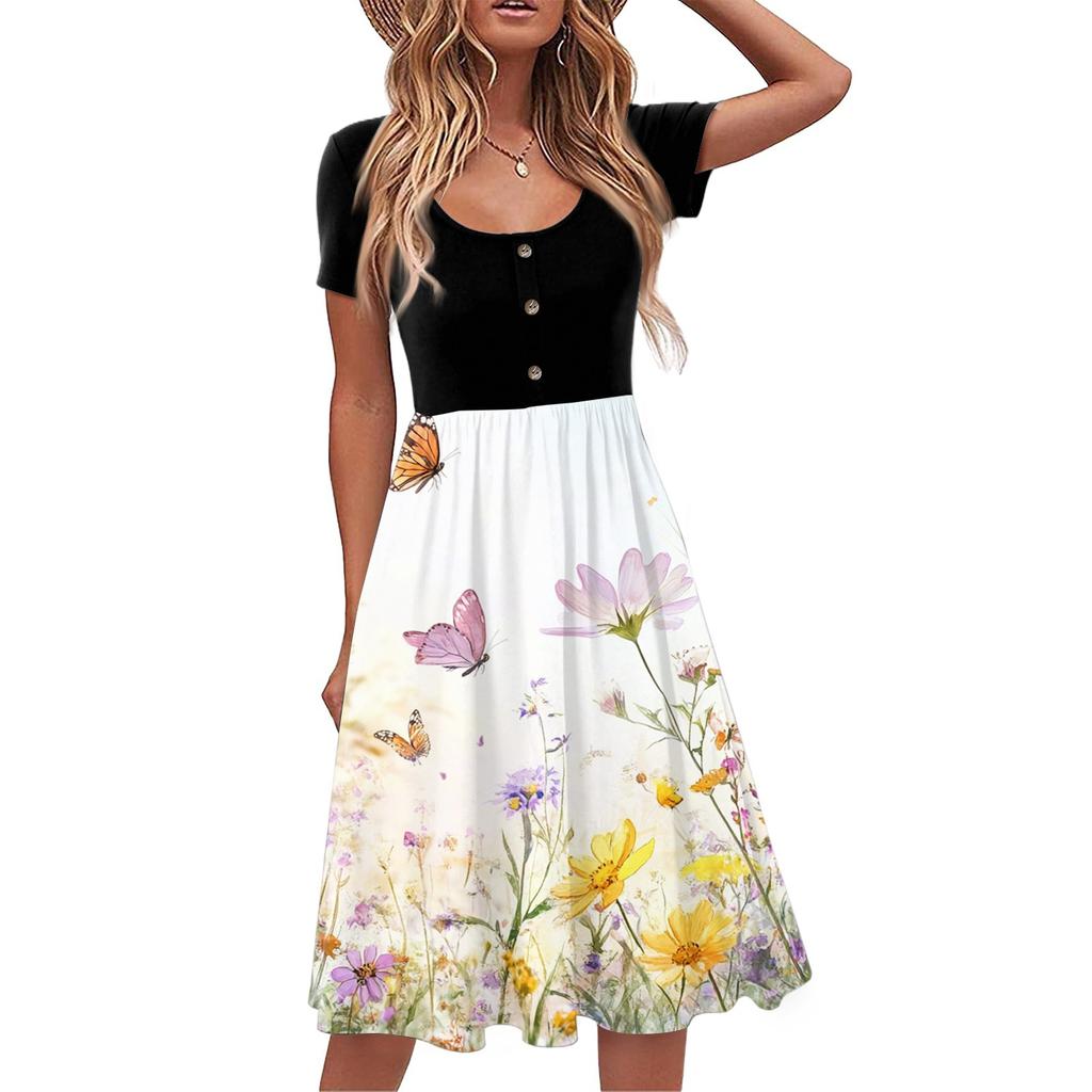 Fashion Women Summer Vintage Floral Dress Elegant Short Sleeve Midi Dress