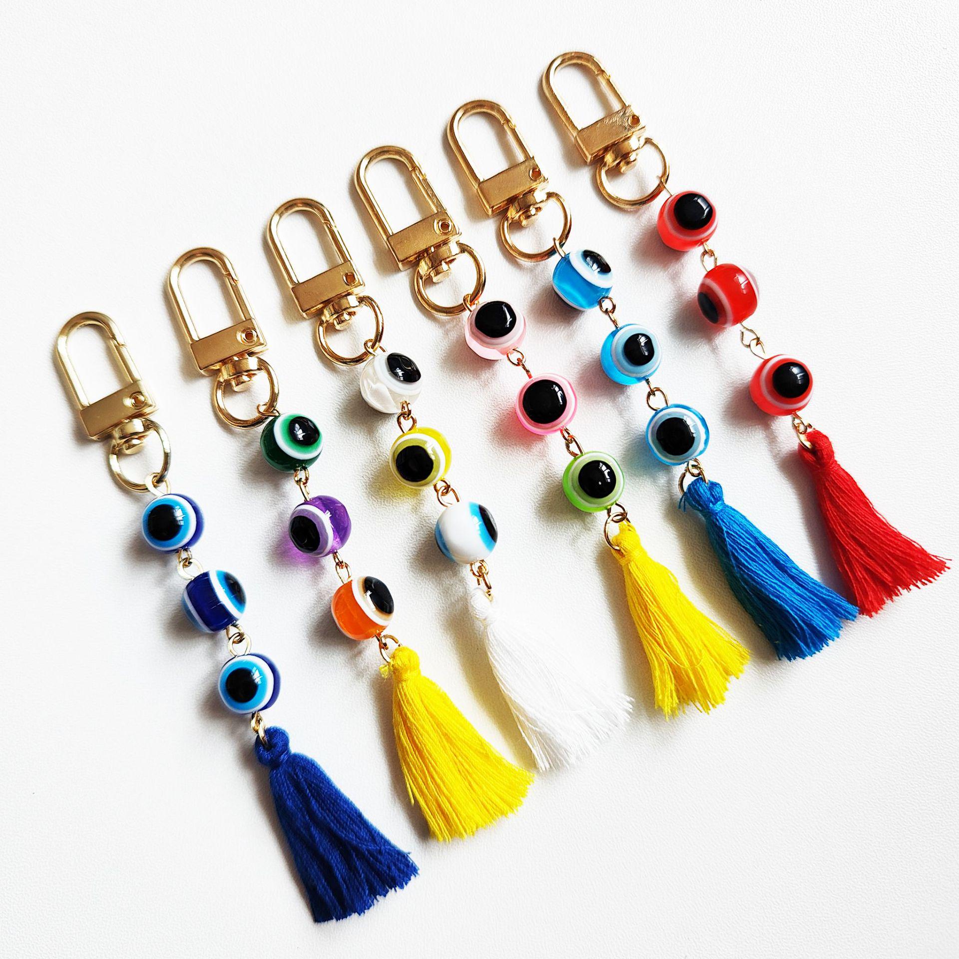 Clearance Sale: Gold-Plated Turkish Evil Eye Tassel Keychain Pendant Sky Blue