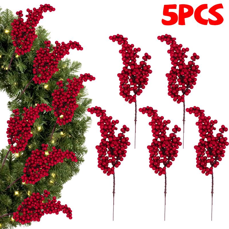 60/1Pcs Christmas Red Berries DIY Holiday Wreaths Xmas Tree Decoration Festive Ornament Displays Artificial Red Berries Stems