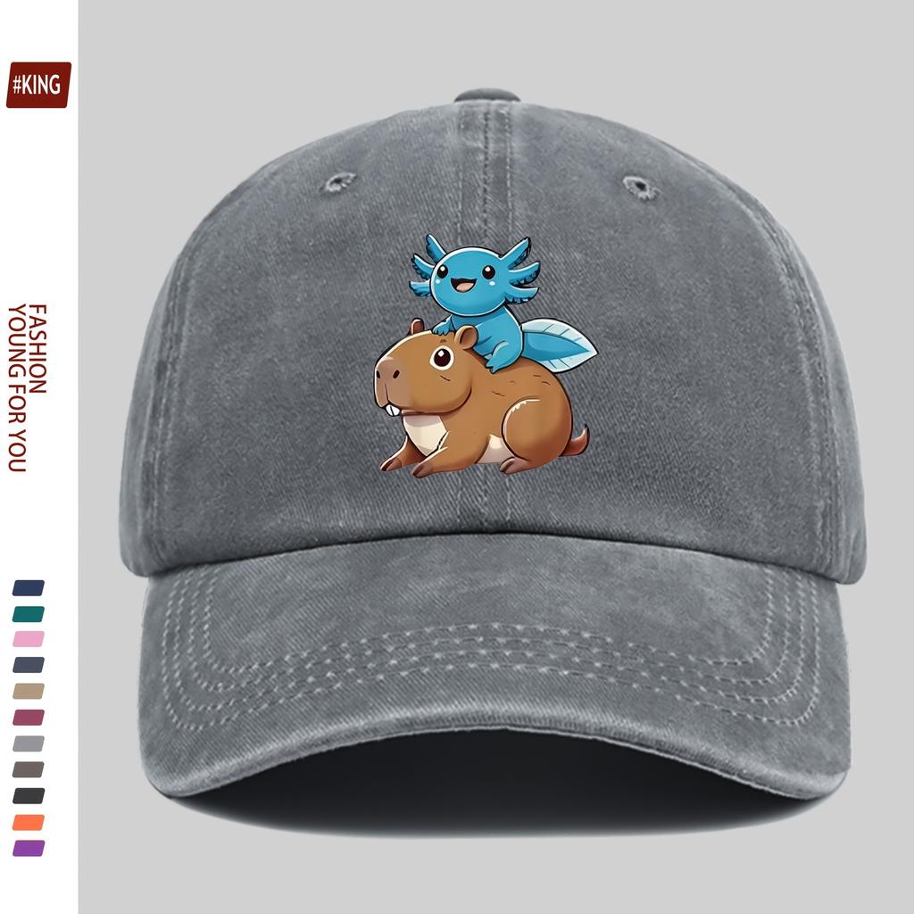 Axolotl Riding Capybara Baseball Cap Washed Cotton Adjustable Outdoor Sun Hat Unisex