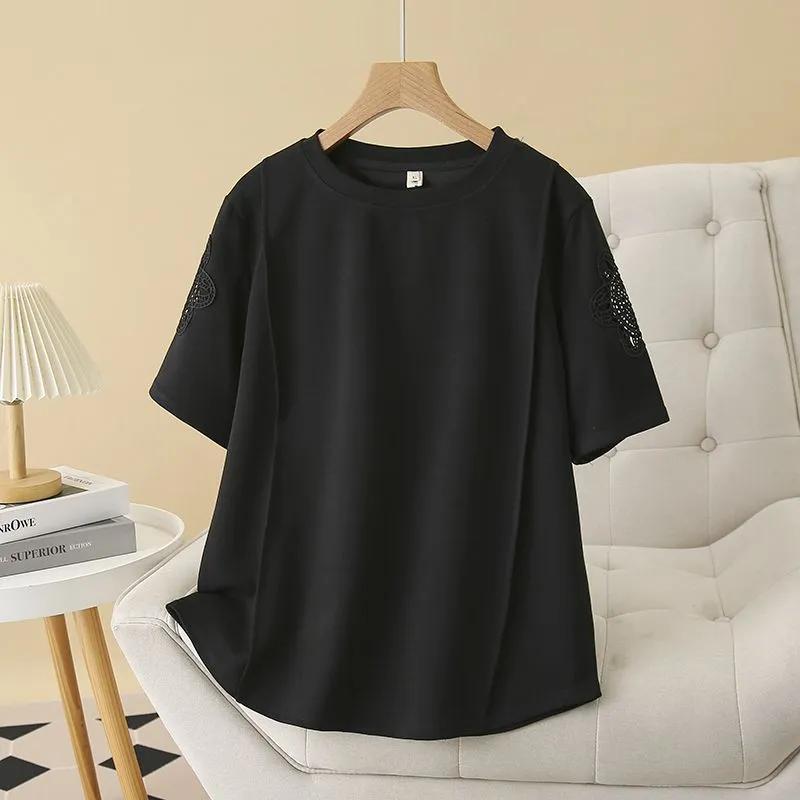 T-shirt Women Cotton Summer Casual Large Size Loose Round Neck Lacework Pullover Short-sleeved Tops