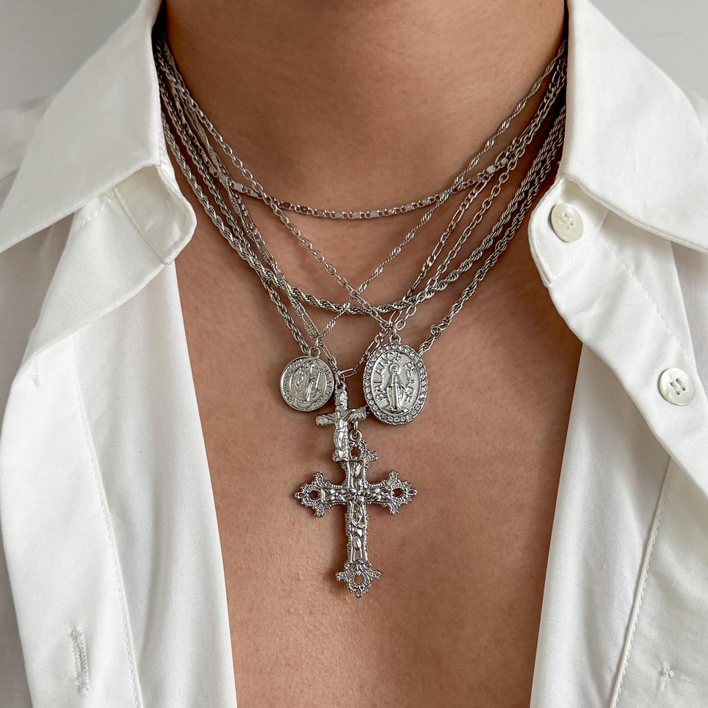 SHIXIN 6 Pcs/Set Hip Hop Jesus Cross Pendant Necklace for Men Punk Gothic Multilayer Stackable Choker Collar Chain Male Jewelry
