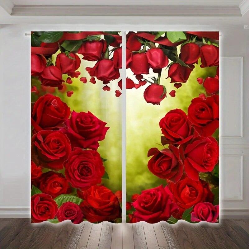 2stk Red Rose Abstrakt Marmormønster Gardiner Stanglomme Valentinsdagsdekorasjon Trykt Lysfiltrerende Kjøkkengardin