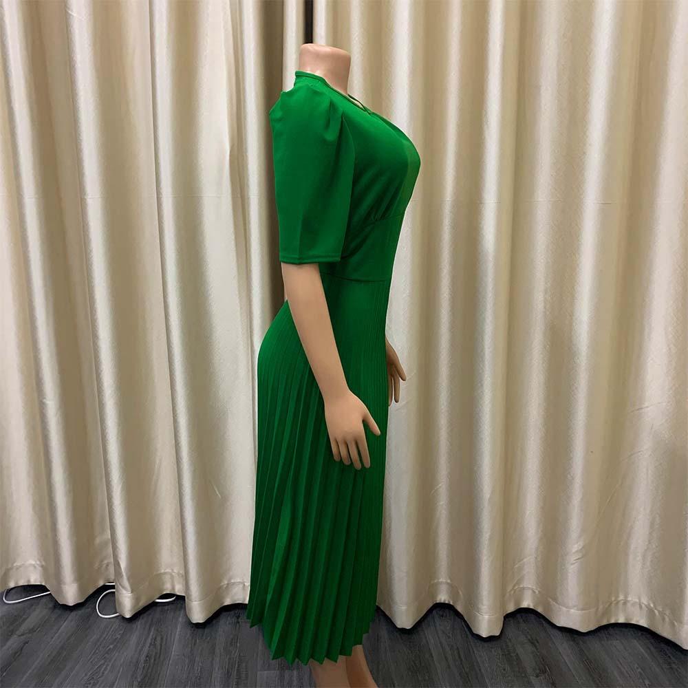 Elegant Office Ladies Pleated Dresses O Neck Short Sleeve High Waisted Summer Dress Midi Cloth Vestidos