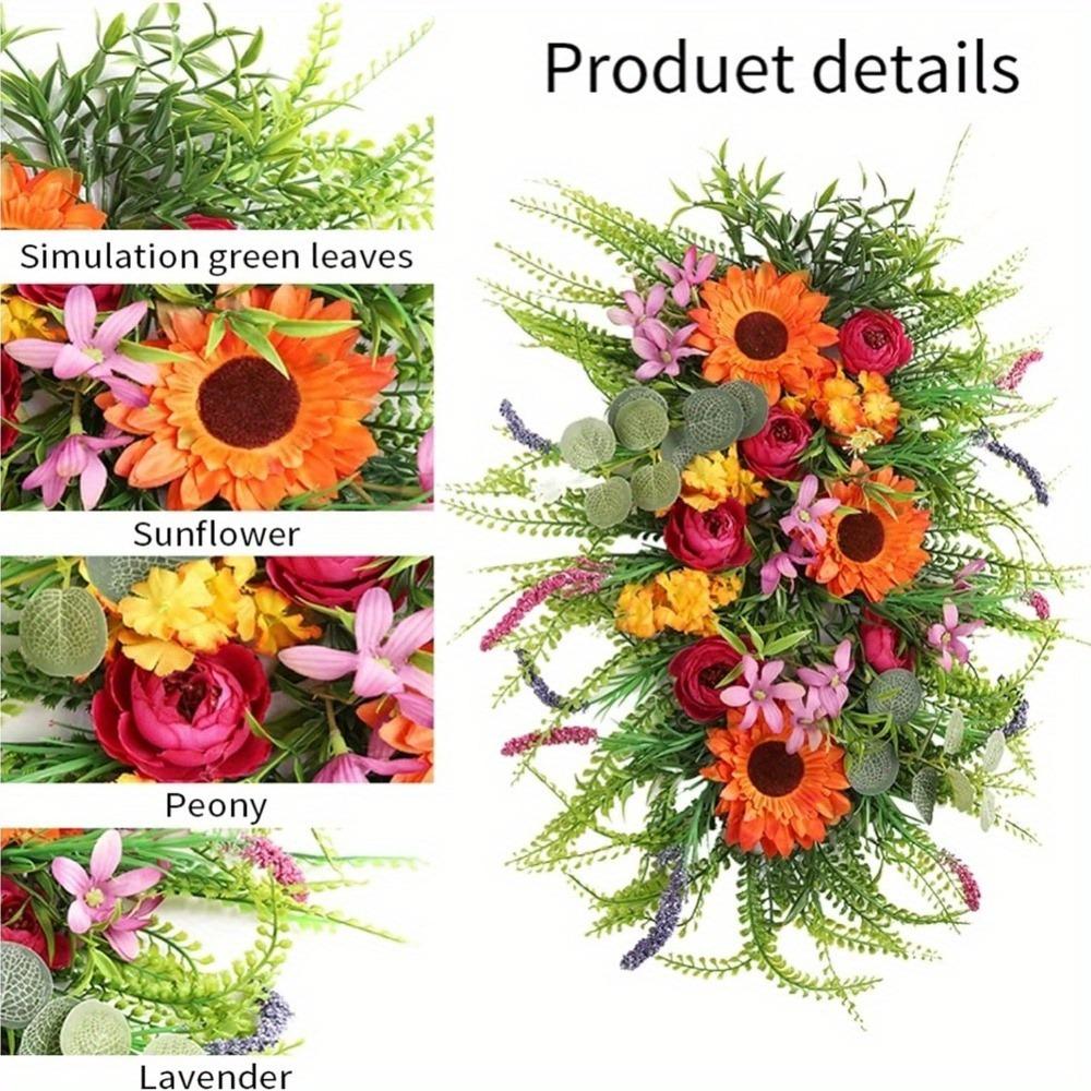 45cm Artificial Fall Swag Harvest Teardrop Wreath Autumn Sunflower Wreath Door Hanging Ornaments Fall Teardrop for Thanksgiving Fall Festival Decor