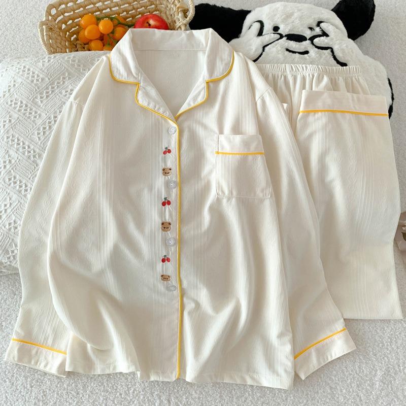 Stickerei Cartoon einfarbig Jacquard Imitation Baumwolle Pyjama Damen Frühling und Herbst langärmlig Milch huhu Loungewear