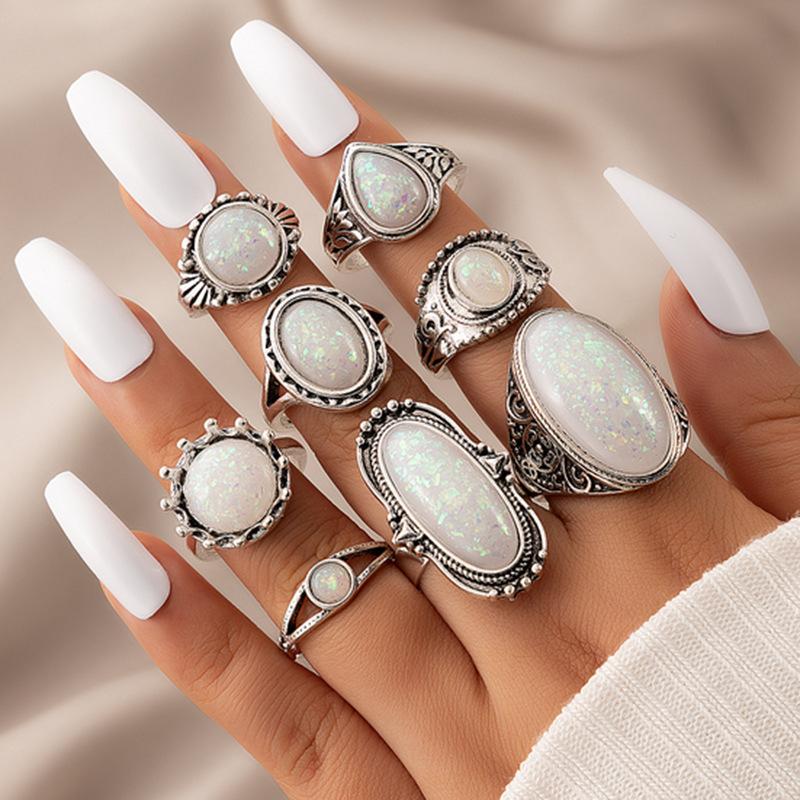Ethnic style vintage turquoise carved feather ring fashion personality 8-piece combination ring set