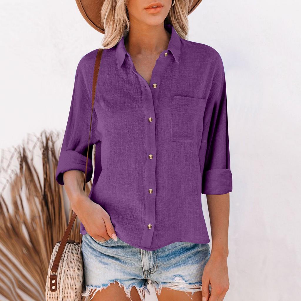 Women's Loose Cotton Linen Solid Color Long Sleeve Cardigan Irregular Pocket Shirt Top