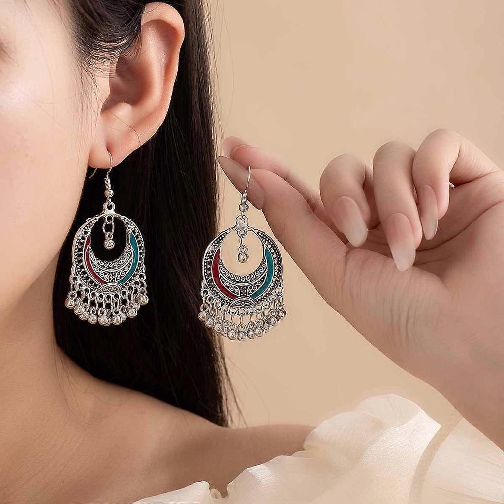 Earrings, Ethnic Style Tassel Hook Earrings, Miao Silver Electroplated Metal Bell, Vintage Yunnan Travel Vacation Accessories