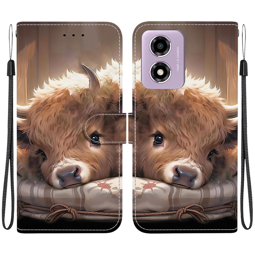 Handmade PU Leather Flip Case for Motorola Moto G04s / Moto E14 Anti-Slip Shockproof Cover with Wrist Strap & Heart/Rose Cat Designs