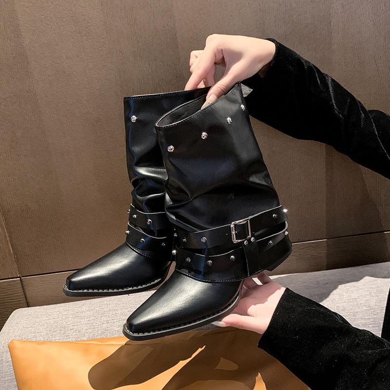 Korean version of versatile western short boots women's pile boots thick heel design pleated pointed knight boots pant tube boots