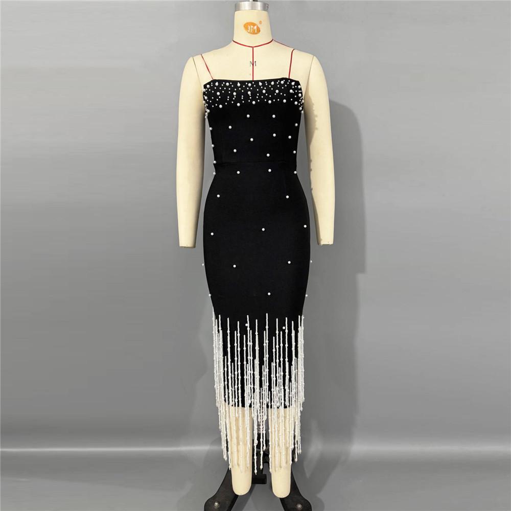 European Strapless Beaded Bandage Dress with Elegant Tassels L чёрный
