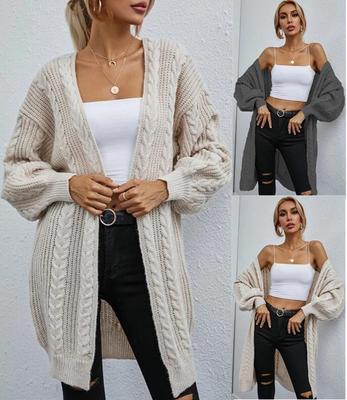 European & American Women's Autumn/Winter Loose Mid-Length Solid Color Twist Knit Cardigan Sweater
