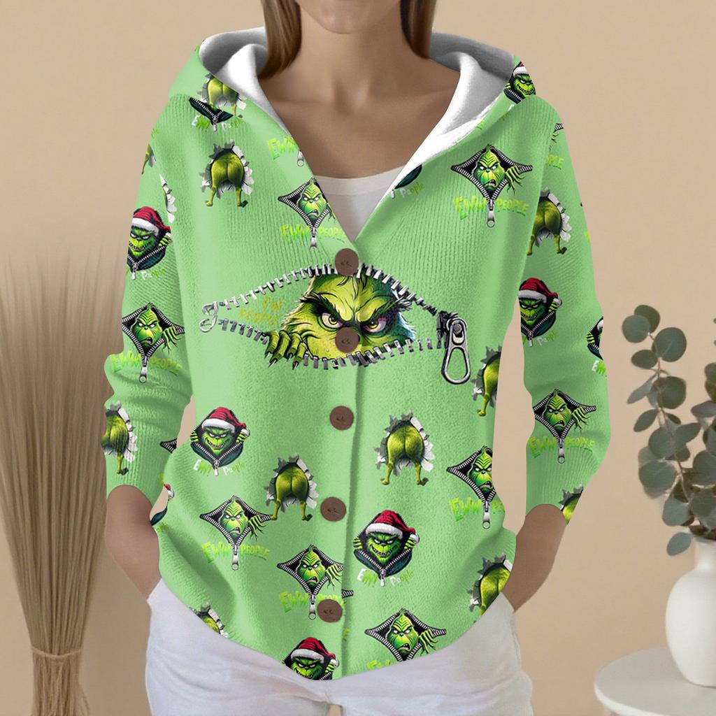 Women's Fashion Casual Sweater Button-Up Print Cardigan  Hooded Jacket