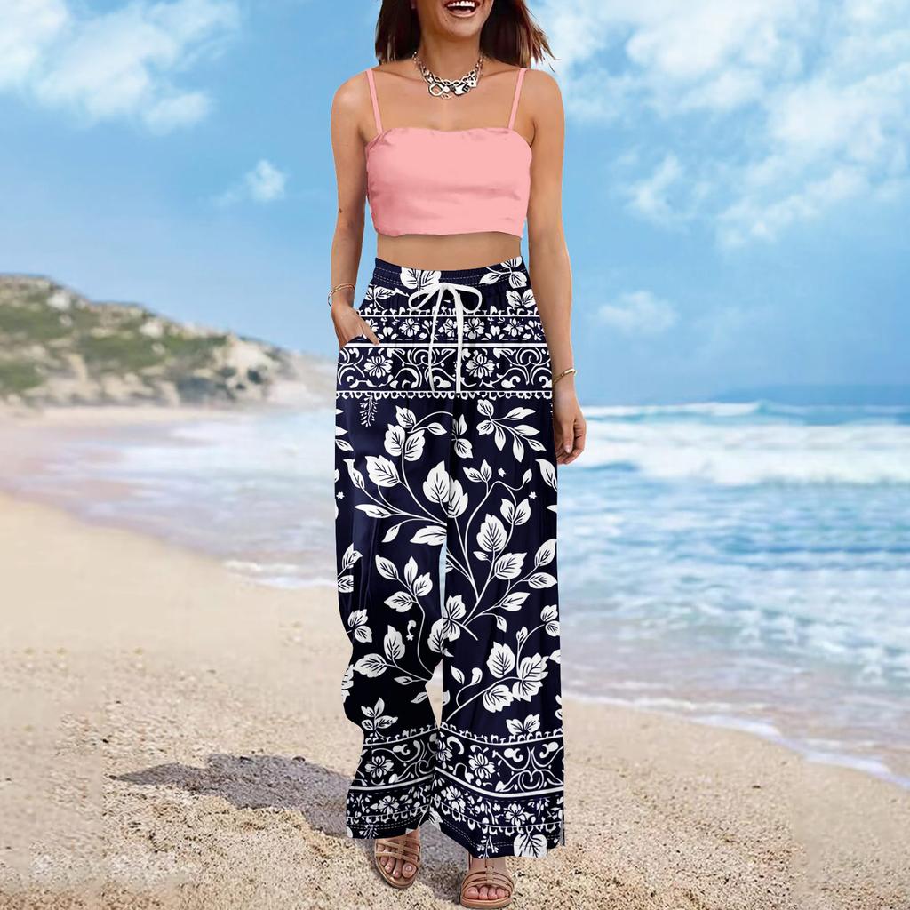 Women Summer Boho Palazzo Pants High Waist Wide Leg Floral Printing Casual Trousers With Pockets