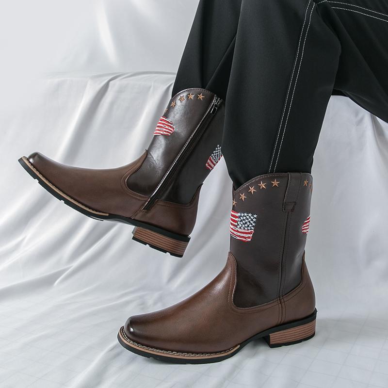 Men's Retro Western Cowboy Boots Fashion Usa Flag Patchwork Embroidery Mid-calf Leather Boot Designer Casual Shoes
