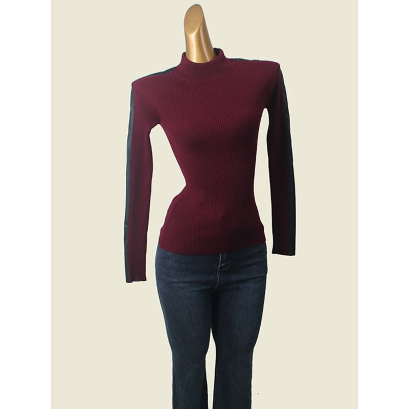 American Brand T's Simple Long Sleeves Bottoming Shirt Foreign Trade Original Order PU Leather Patchwork Knitting Heattech Women's Top